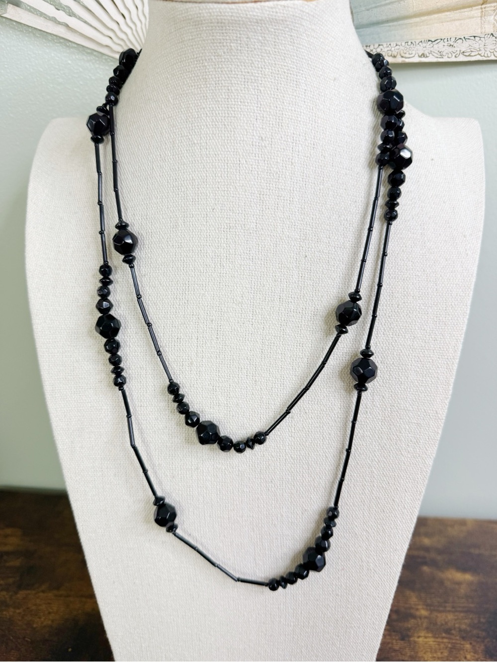 Black Acrylic Beaded Station Necklace Flapper Girl Dark Gothic Lolita 46”